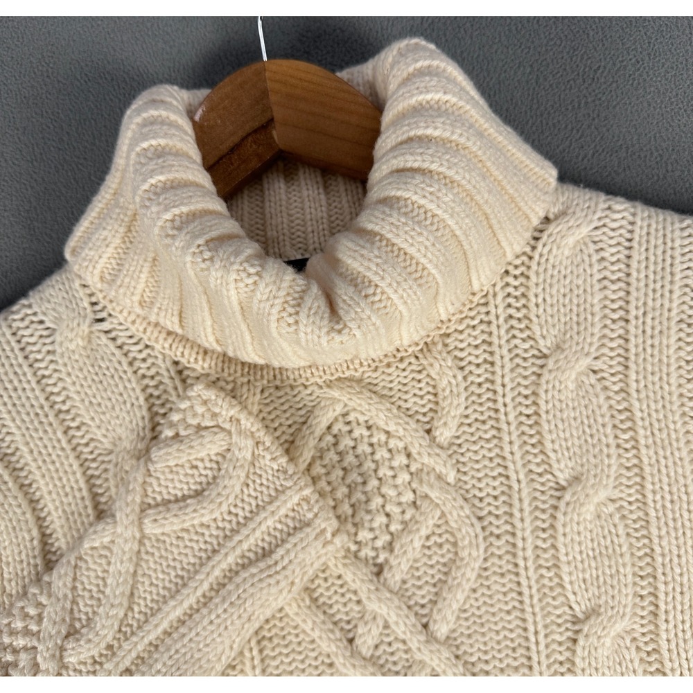 Eddie Bauer Sweater Medium Tall Ivory Beige Cable Knit Turtleneck Merino Wool